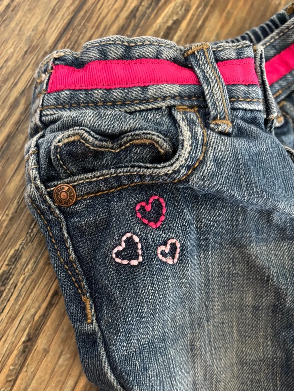 OshKosh B’gosh Blue Denim Jeans 6 Months Pink Ribbon Waist Embroidered Butterfly